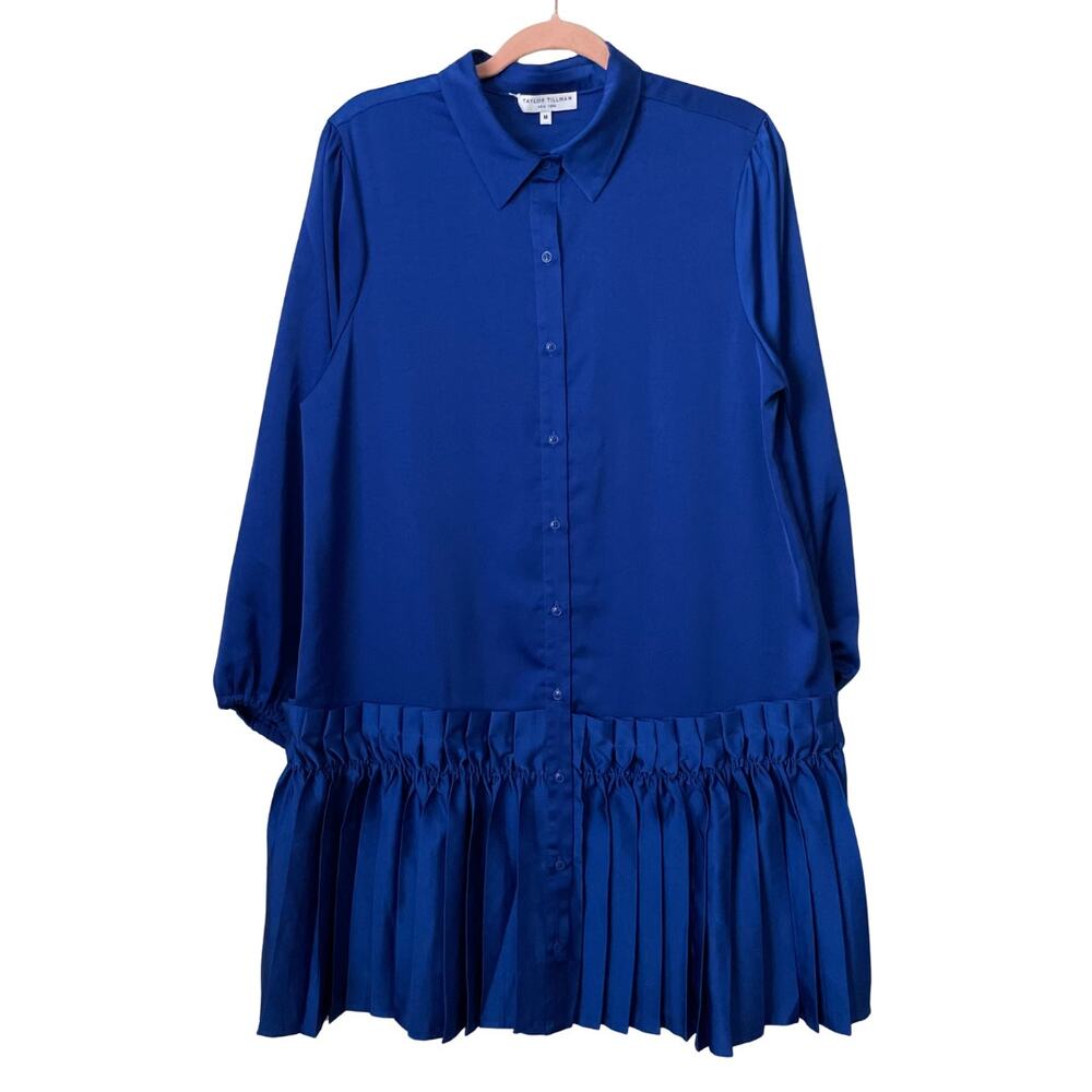 Taylor‎ Tillman Shirt Dress Womens Medium Royal Blue Mini Pleated Minimalist NEW